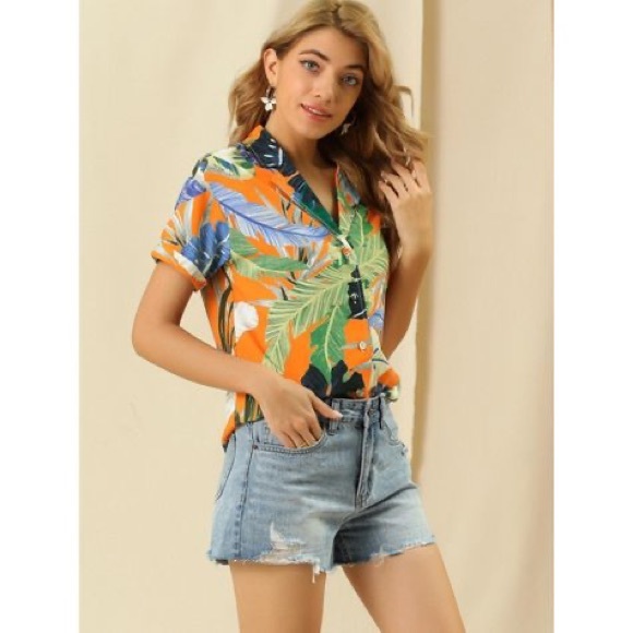 Allegra K | NWT Women’s Hawaiian Floral Leaf Print Button Down Shirt - Picture 2 of 4
